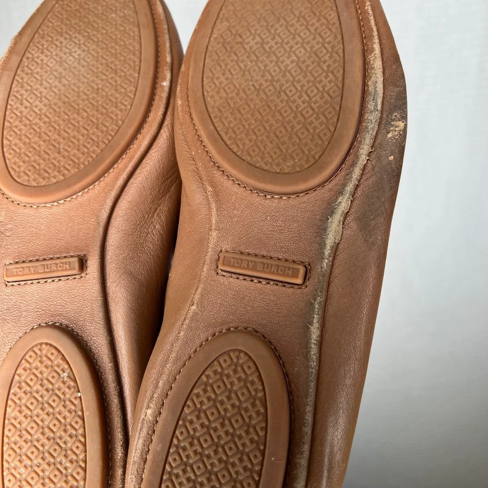 Tory Burch Minnie Travel Ballet Flats Brown Leather Gold‎ Logo Women US 8.5